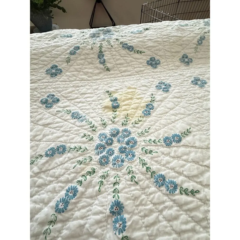 Cutter Quilt Blue Floral Painted Design Hand Quilted Vintage Crafts Fabric 75x92
